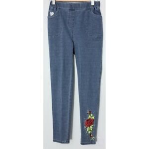 Quacker Factory Dream Jeannes Size XS Blue Floral Slim Leg Pull-On Embroidered